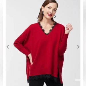 New NWT Chico's S M Red Allure Lace Trimmed V Neck Sweater Poncho